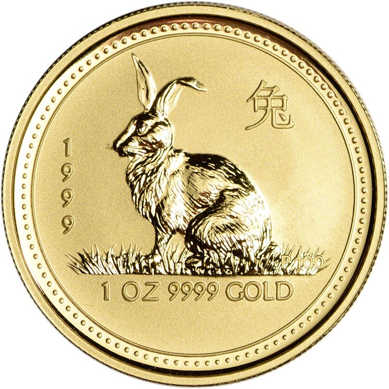 Комиссия: Золотая монета Австралии «Год Кролика» 1999 г.в., (пруф), 31.1 г чистого золота (проба 9999)