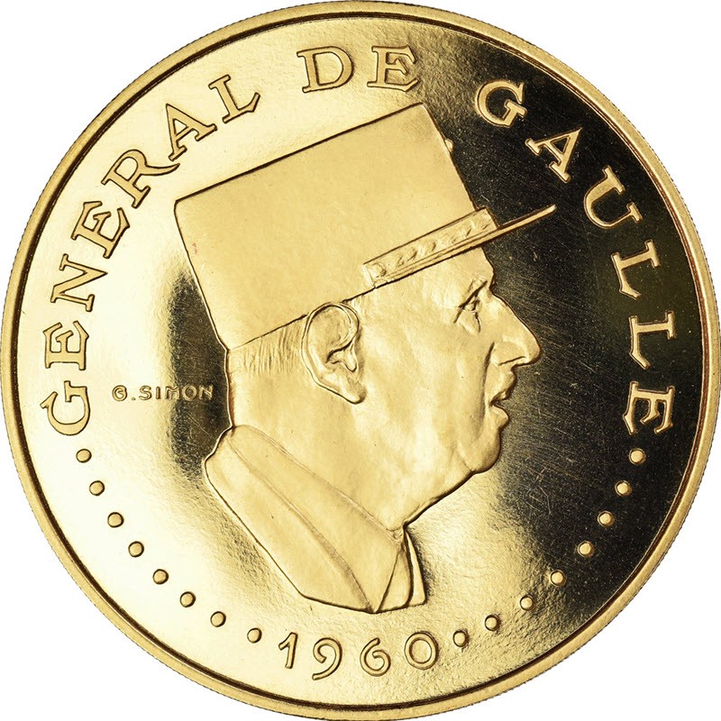 Комиссия: Золотая памятная монета Чада «Генерал де Голль» 1960 г.в., 32,4 чистого золота (проба 0,900)