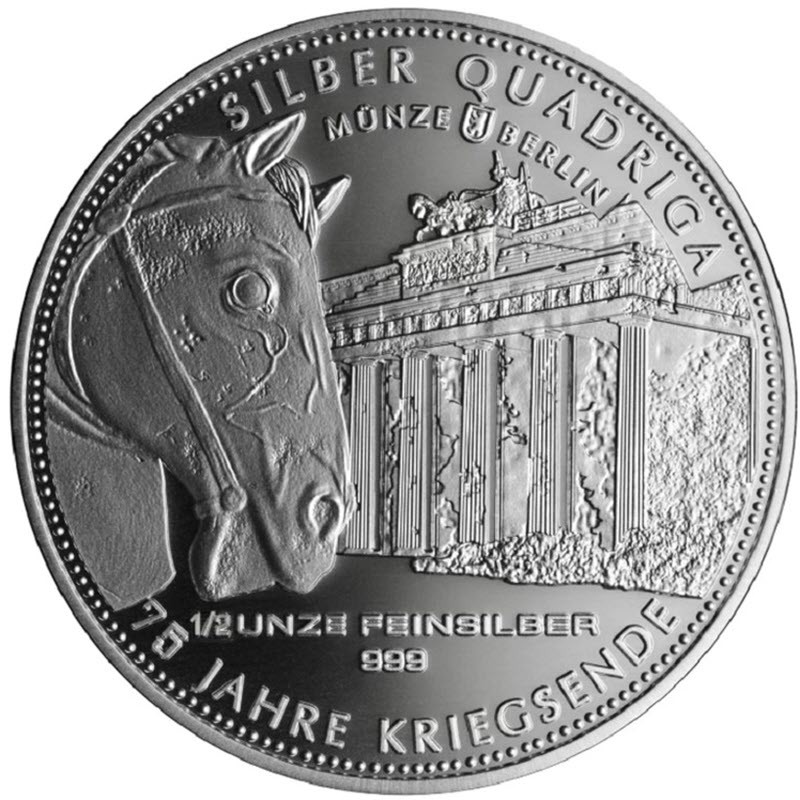 Комиссия: Серебряный жетон Германии «Квадрига. 75 лет после войны» 2020 г.в., 15,55 г чистого серебра (проба 0,999)