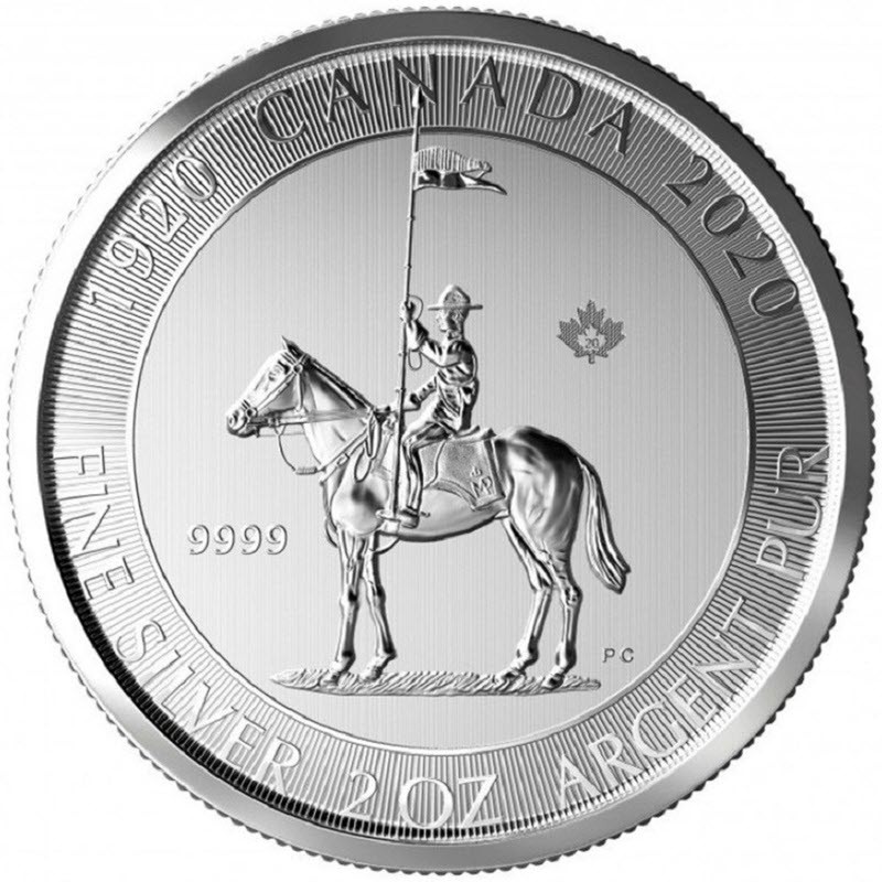Комиссия: Серебряная монета Канады «Конная полиция» 2020 г.в., 62,2 г чистого серебра (проба 0,9999)
