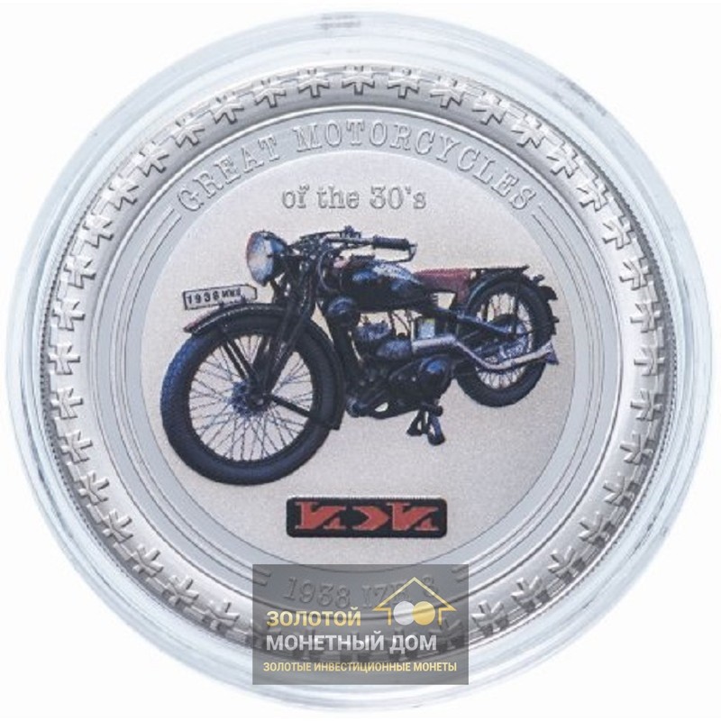 Комиссия: Серебряная монета Островов Кука «Великие мотоциклы 30-х: 1938 ИЖ-8» 2007 г.в., 31,1 г чистого серебра (проба 0,999)