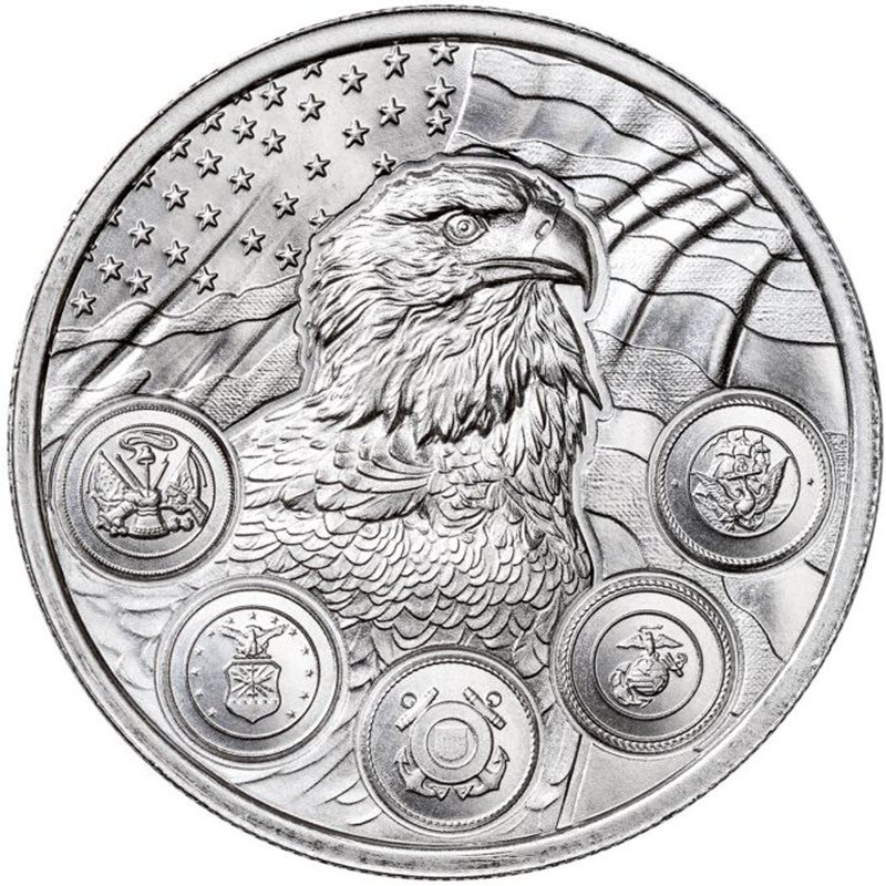 Комиссия: Серебряный жетон США «Вооруженные силы», 62,2 г чистого серебра (проба 0,999)