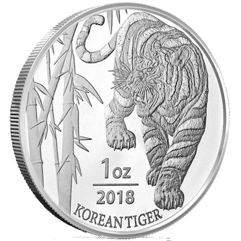 Комиссия: Серебряный раунд Южной Кореи «Корейский тигр» 2018 г.в., 31.1 г чистого серебра (проба 0,999)