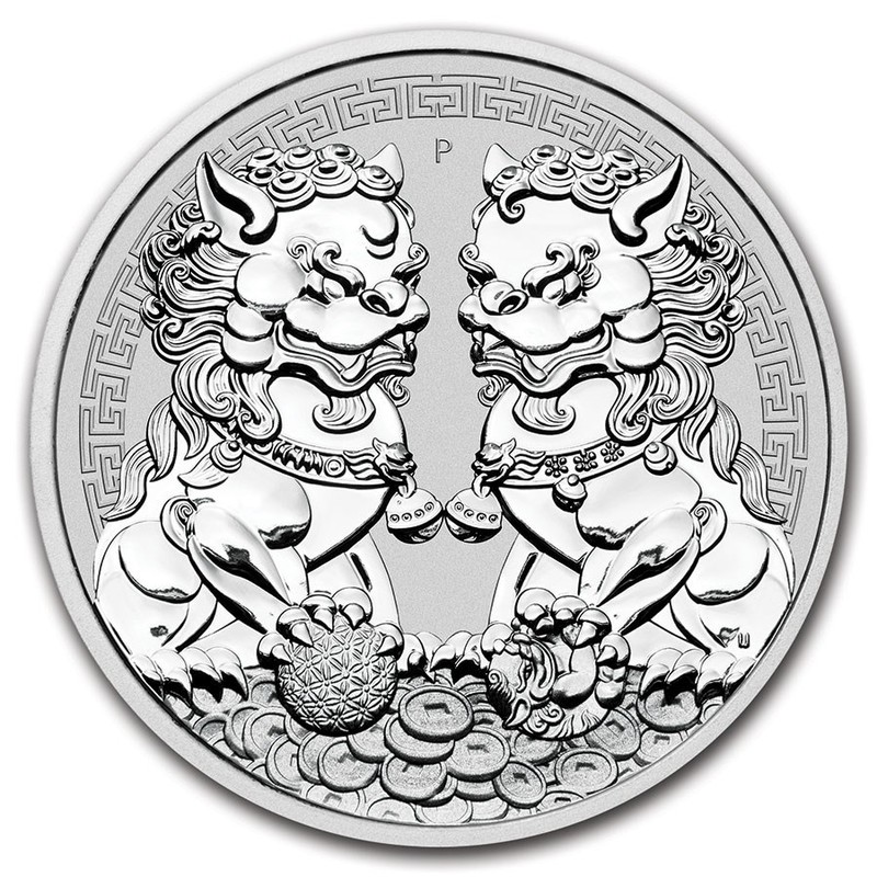 Серебряная монета Австралии "Львы-хранители Пиксиу" 2021 г.в., 31.1 г чистого серебра (Проба 0,9999)