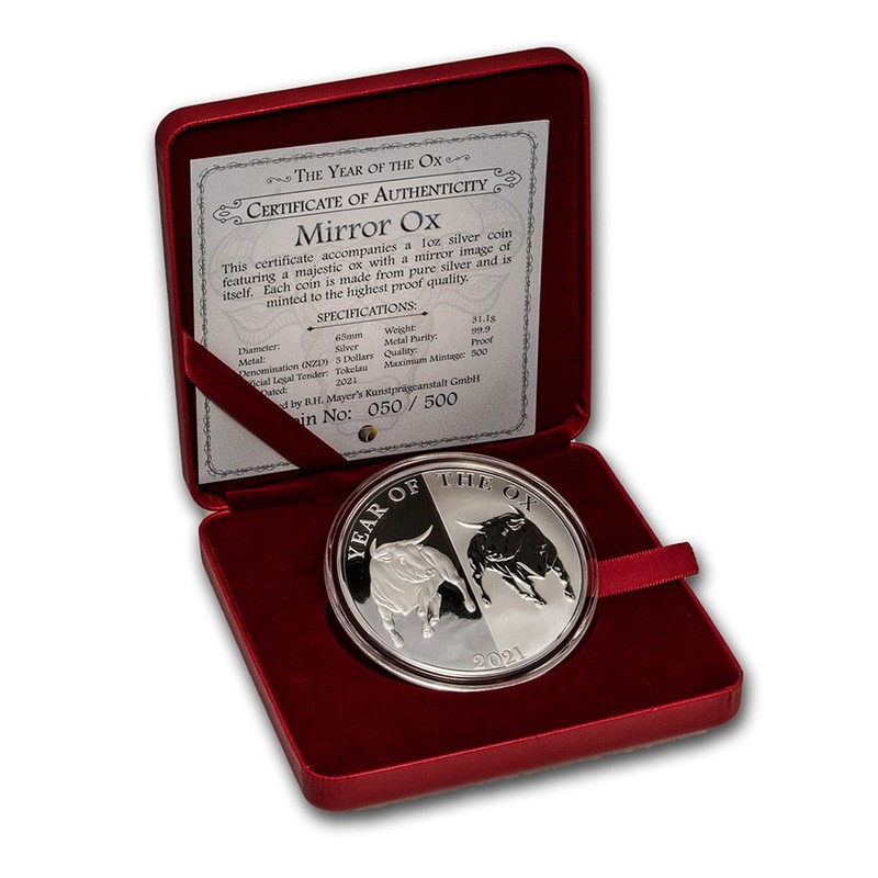 Серебряная монета Токелау "Зеркало. Год Быка" 2021 г.в.(диаметр 65 мм), 31.1 г чистого серебра (Проба 0,999)