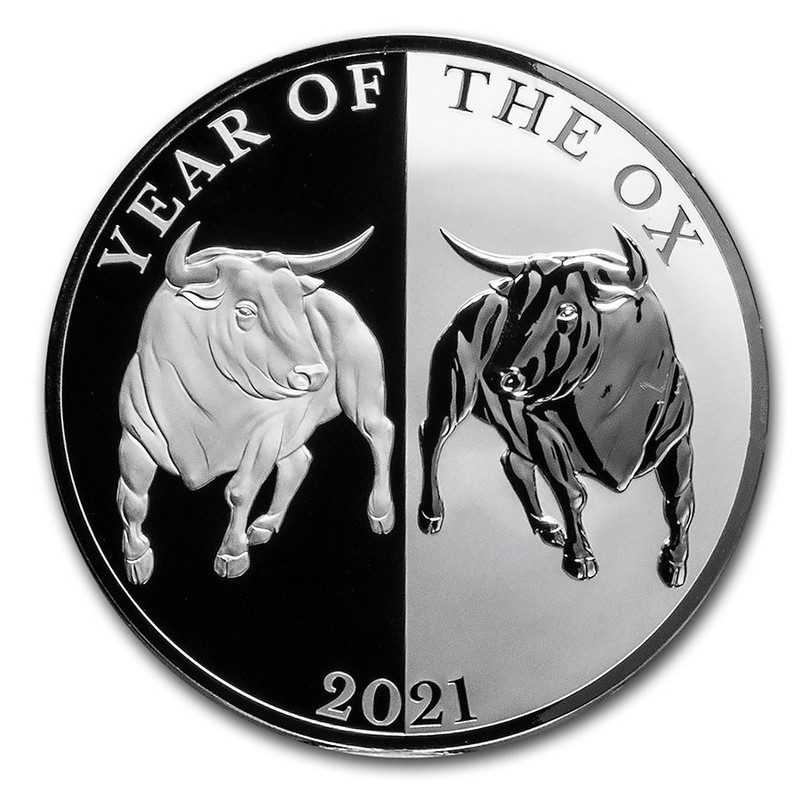 Серебряная монета Токелау "Зеркало. Год Быка" 2021 г.в.(диаметр 65 мм), 31.1 г чистого серебра (Проба 0,999)