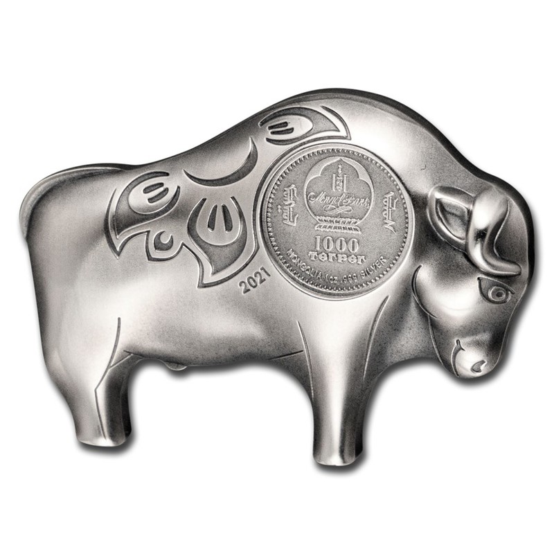 Серебряная фигурная монета Монголии "Год Быка" 2021 г.в., 31.1 г чистого серебра (Проба 0,999)