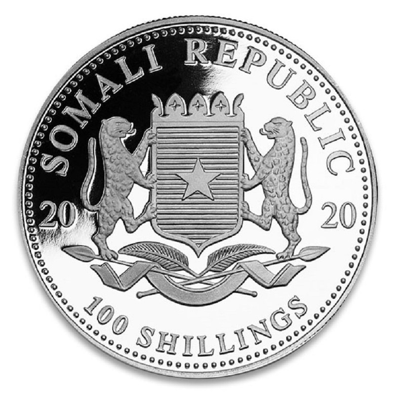 Серебряная монета Сомали "Леопард" 2020 г.в., 31.1 г чистого серебра (Проба 0,9999)