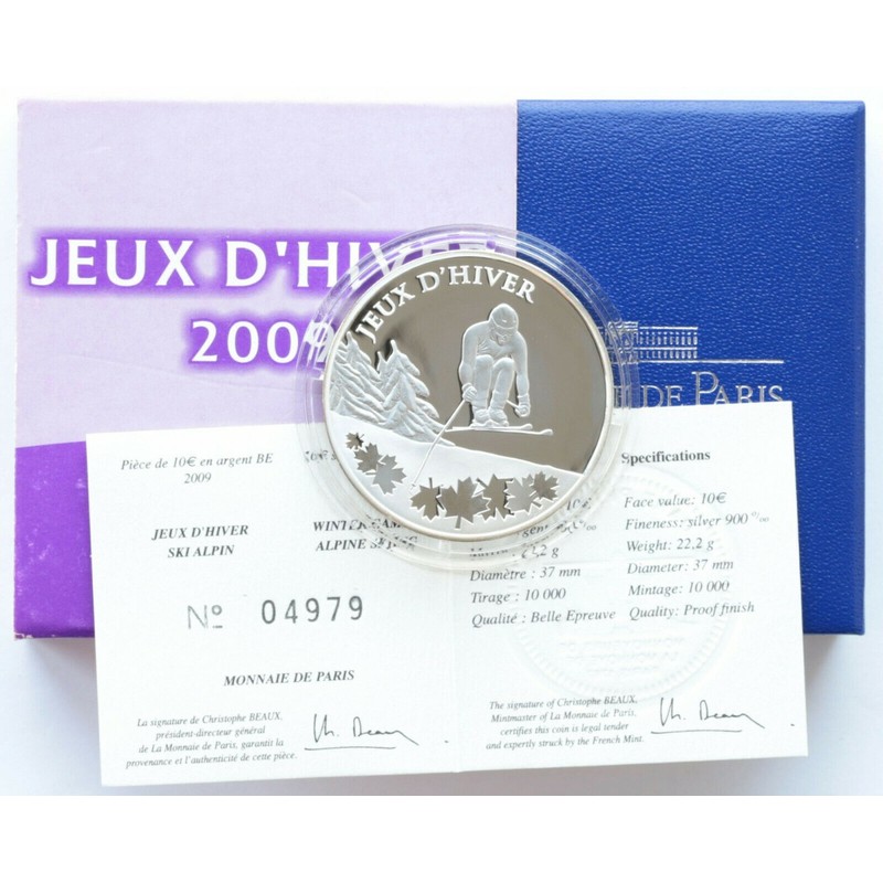 Серебряная монета Франции "Олимпиада в Ванкувере. Горные лыжи" 2009 г.в., 19.98 г чистого серебра (Проба 0,900)