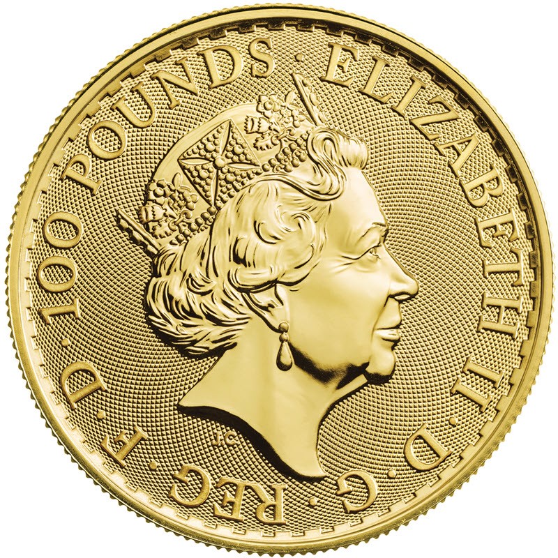 Золотая инвестиционная монета Великобритании "Британия (Елизавета II)", 31.1 г чистого золота (проба 0,9999)