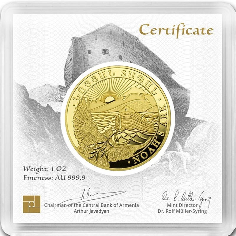 Золотая монета Армении "Ноев Ковчег", 31.1 г чистого золота (Проба 0,9999)