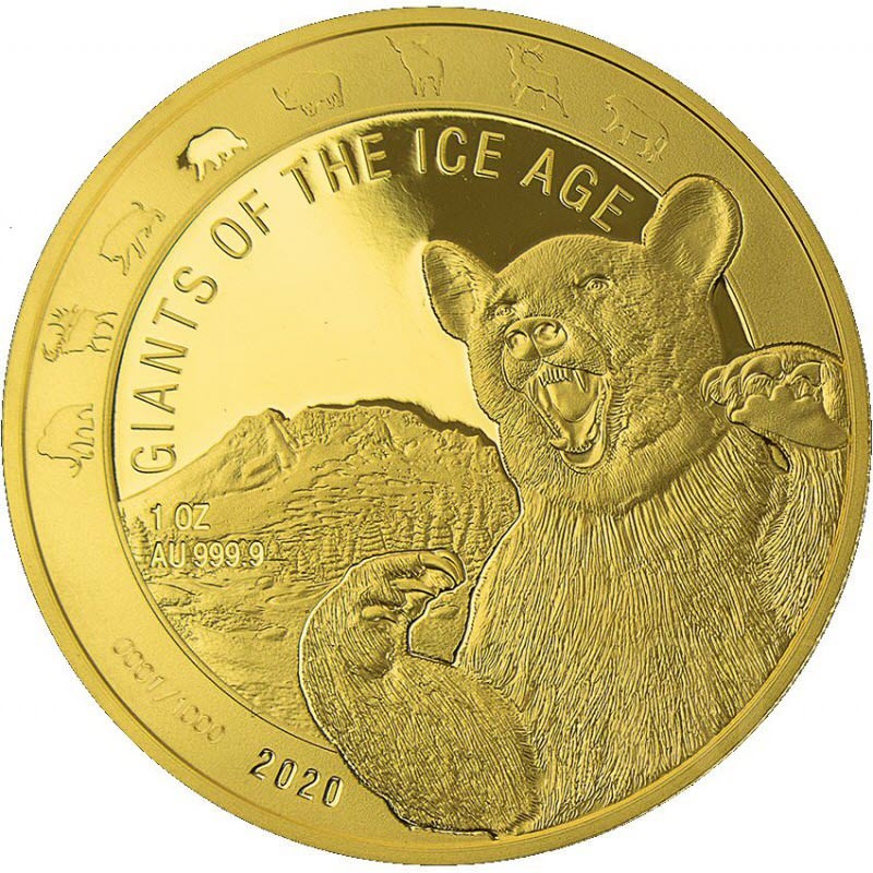 Золотая монета Ганы "Пещерный медведь" 2020 г.в. (пруф), 31.1 г чистого золота (Проба 0,9999)