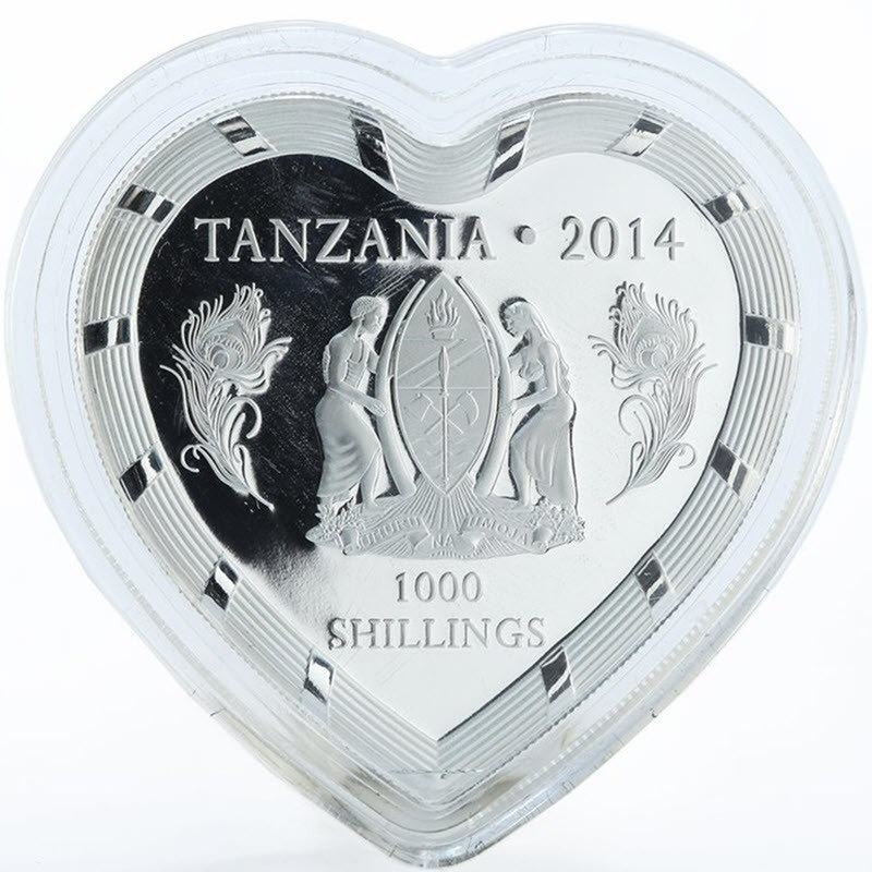 Серебряная монета Танзании "Любовь - Драгоценность. Павлины" 2014 г.в., 31.1 г чистого серебра (проба 0,999)