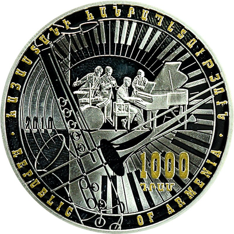 Серебряная монета Армении "Армянский джаз" 2010 г.в., 26.16 г чистого серебра (Проба 0.925)
