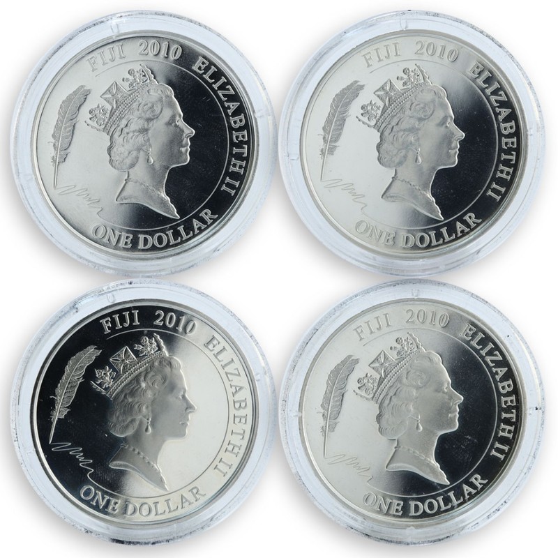 Набор из 4-х монет Фиджи "Сказочные сокровища Г.Х. Андерсена" 2010 г.в., 4*31.1 г чистого серебра (Проба 0,999)