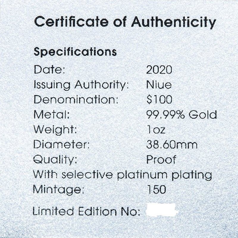 Золотая монета Ниуэ "Плащеносная ящерица" 2020 г.в., 31.1 г чистого золота (Проба 0,9999)