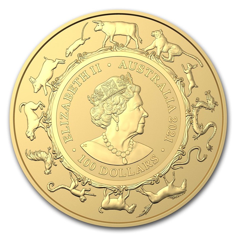 Золотая монета Австралии "Лунный календарь - Год Быка", 2021 г.в. (Королевский Монетный Двор), 31.1 г чистого золота (Проба 0,9999)