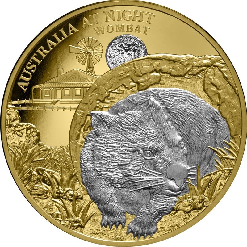 Золотая монета Ниуэ "Ночная Австралия. Вомбат" 2021 г.в., 31.1 г чистого золота (Проба 0,9999)