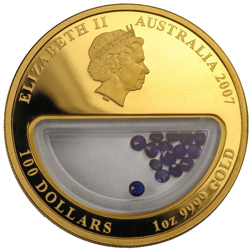 Комиссия: Золотая монета Австралии «Сапфиры» 2007 г.в., 31,1 г чистого золота (проба 0,9999)