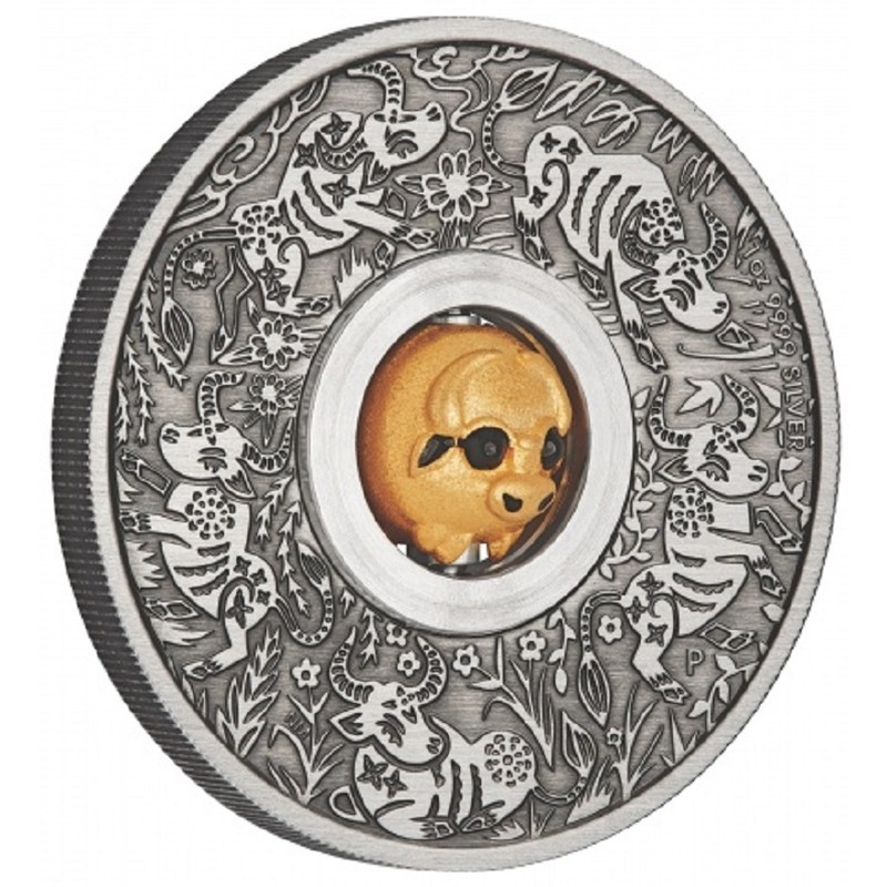 Серебряная монета Тувалу "Год Быка" 2021 г.в. (с шармом), 31.1 г чистого серебра (Проба 0,999)