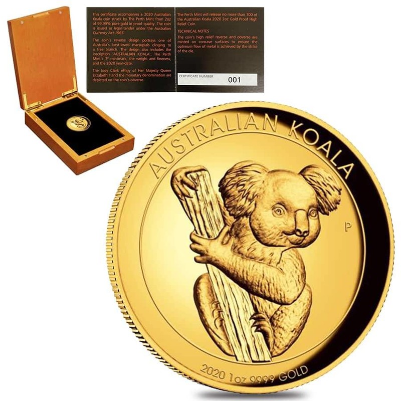 Золотая монета Австралии "Коала" 2020 г.в.(высокий рельеф), 62.2 гр чистого золота (проба 0.9999)