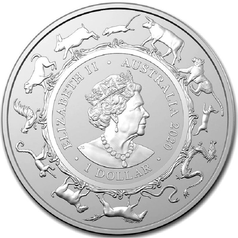 Серебряная монета Австралии "Год Крысы" 2020 г.в. (Королевский монетный двор -АЦ), 31.1 г чистого серебра (Проба 0,999)