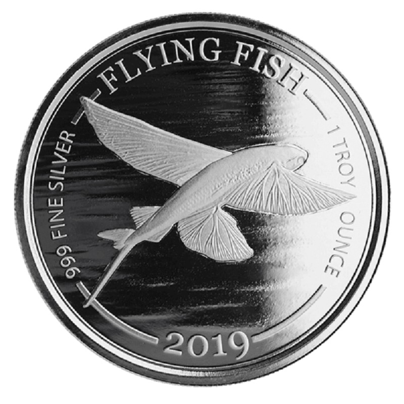 Серебряная монета Барбадоса "Летучая рыба" 2019 г.в., 31.1 г чистого серебра (Проба 0,999)