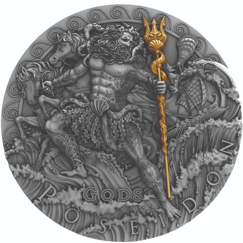 Серебряная монета Ниуэ "Посейдон - Бог Морей" 2018 г.в., 62.2 г чистого серебра (Проба 0,999)