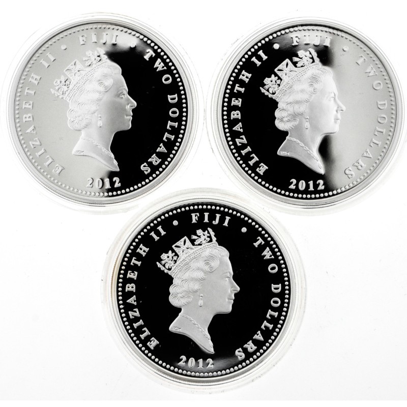 Набор из 3-х серебряных монета Фиджи "Император Александр II" 2012 г.в., 3 * 31.1 г чистого серебра (Проба 0,999) без футляра