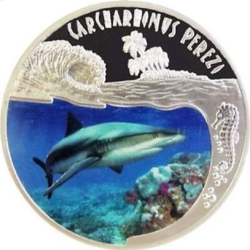 Серебряная монета Руанды "Морская жизнь. Карибская рифовая акула" 2010 г.в., 20 г чистого серебра (Проба 0,999)