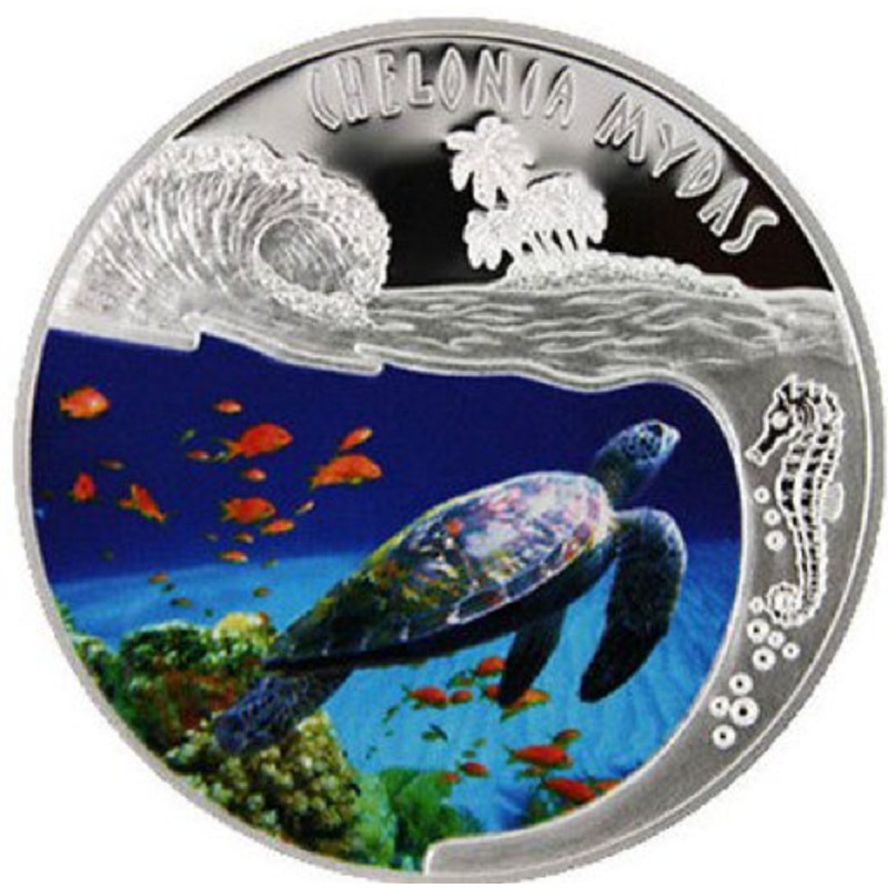 Серебряная монета Руанды "Морская жизнь. Зеленая морская черепаха" 2010 г.в., 20 г чистого серебра (Проба 0,999)