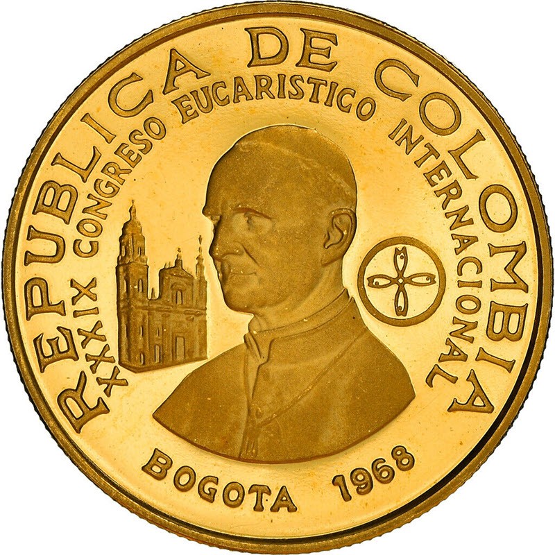 Комиссия: Золотая монета Колумбии «39-й Международный евхаристический конгресс» 1968 г.в., 8,6 г чистого золота (проба 0,900)