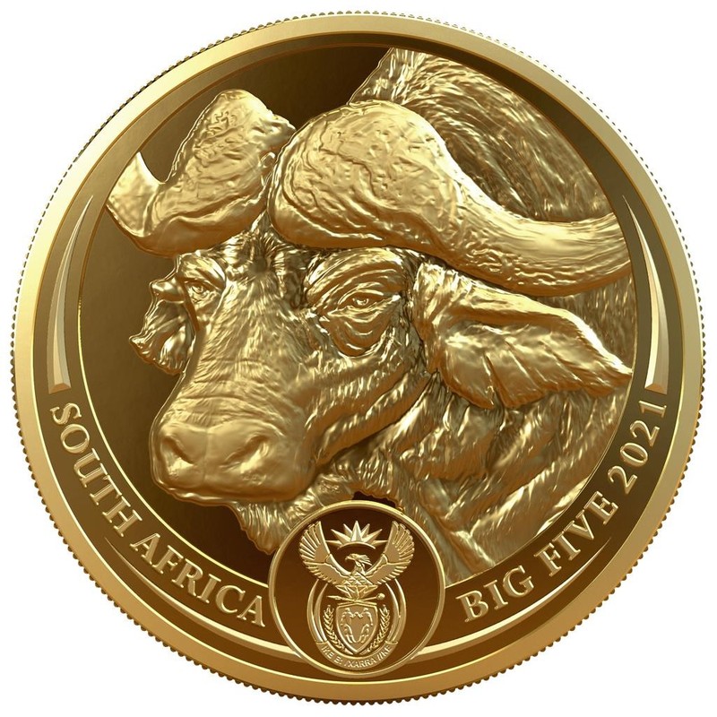 Золотая монета ЮАР "Большая пятерка: Буйвол" 2021 г.в.(пруф), 31.1 г чистого золота (Проба 0,9999)