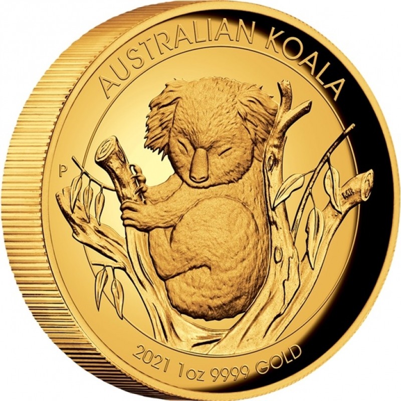 Золотая монета Австралии "Коала" 2021 г.в.(высокий рельеф), 31.1 гр чистого золота (проба 0.9999)