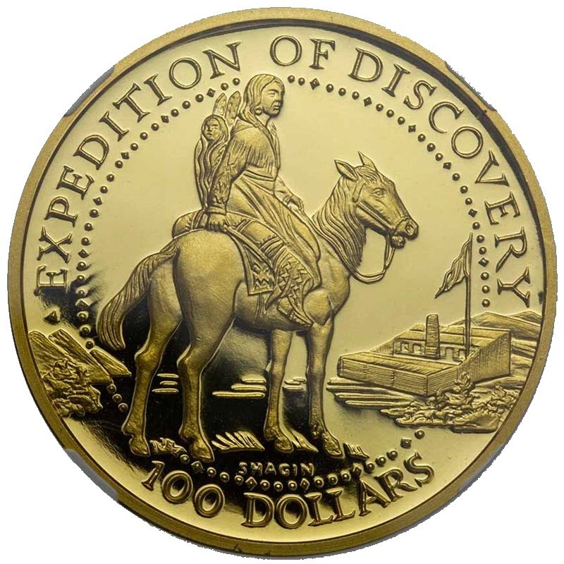 Комиссия: Золотая монета США «Племя Шони. Экспедиция Льюиса и Кларка» 2005 г.в., 31,1 г чистого золота (проба 0,999)