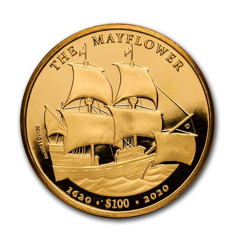 Золотая монета Виргинских островов "Мэйфлауэр" 2020 г.в., 31.1 г чистого золота (Проба 0,999)