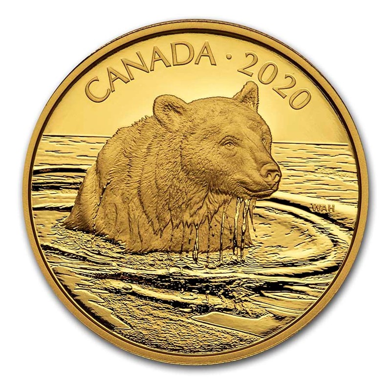 Золотая монета Канады "Портреты Дикой Природы: Гризли" 2020 г.в., 35 г чистого золота (Проба 0,99999)