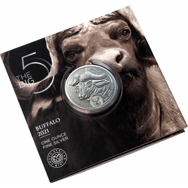 Серебряная монета ЮАР "Большая пятерка: Буйвол" 2021 г.в., 31.1 г чистого серебра (Проба 0,999)