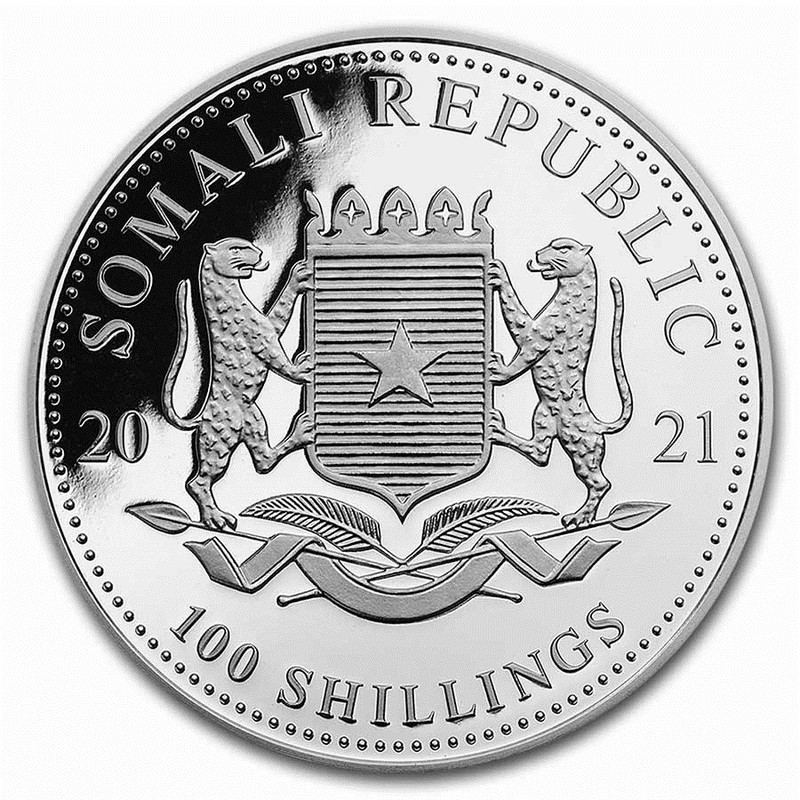 Серебряная монета Сомали "Леопард" 2021 г.в., 31.1 г чистого серебра (Проба 0,9999)