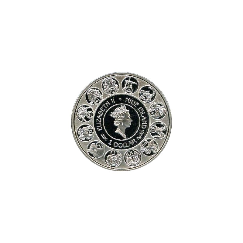 Серебряная монета Ниуэ "Зодиак Альфонса Мухи - Близнецы" 2010 г.в., 26.16 г чистого серебра (Проба 0,925)