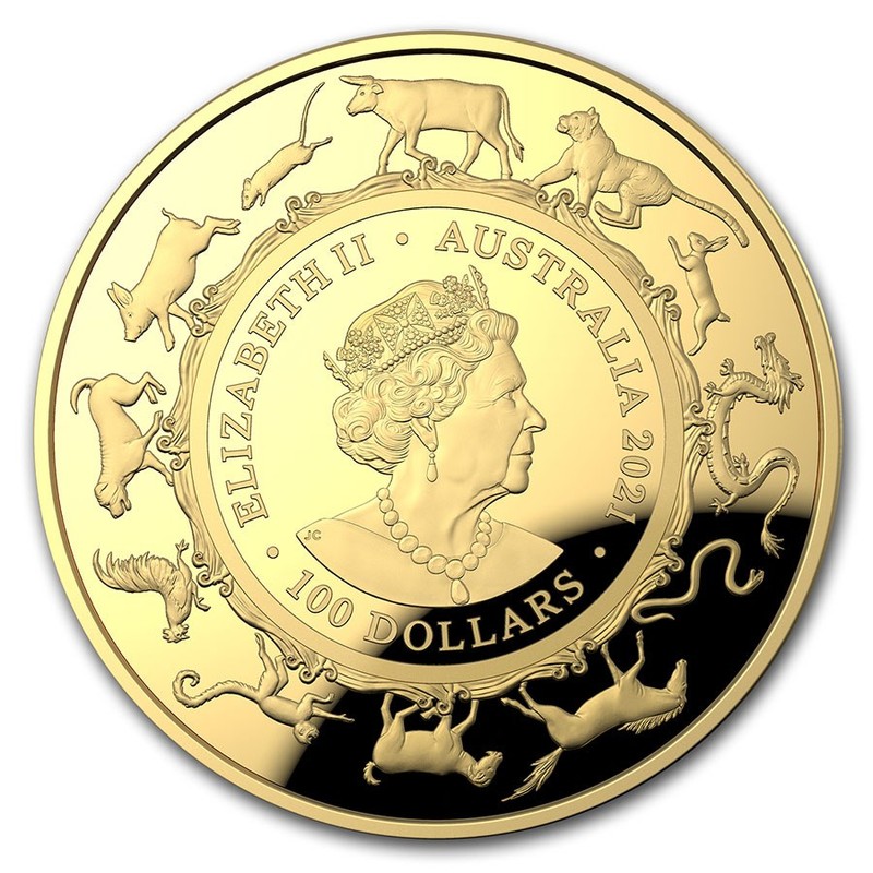Золотая монета Австралии "Год Быка" 2021 г.в. (пруф) Королевский монетный двор, 31.1 г чистого золота (Проба 0,9999)