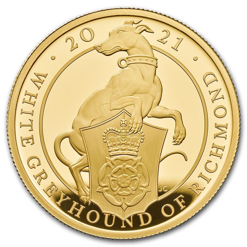 Золотая монета Великобритании "Белый Грейхаунд Ричмонда" 2021 г.в. (пруф), 31.1 г чистого золота (проба 0.9999)