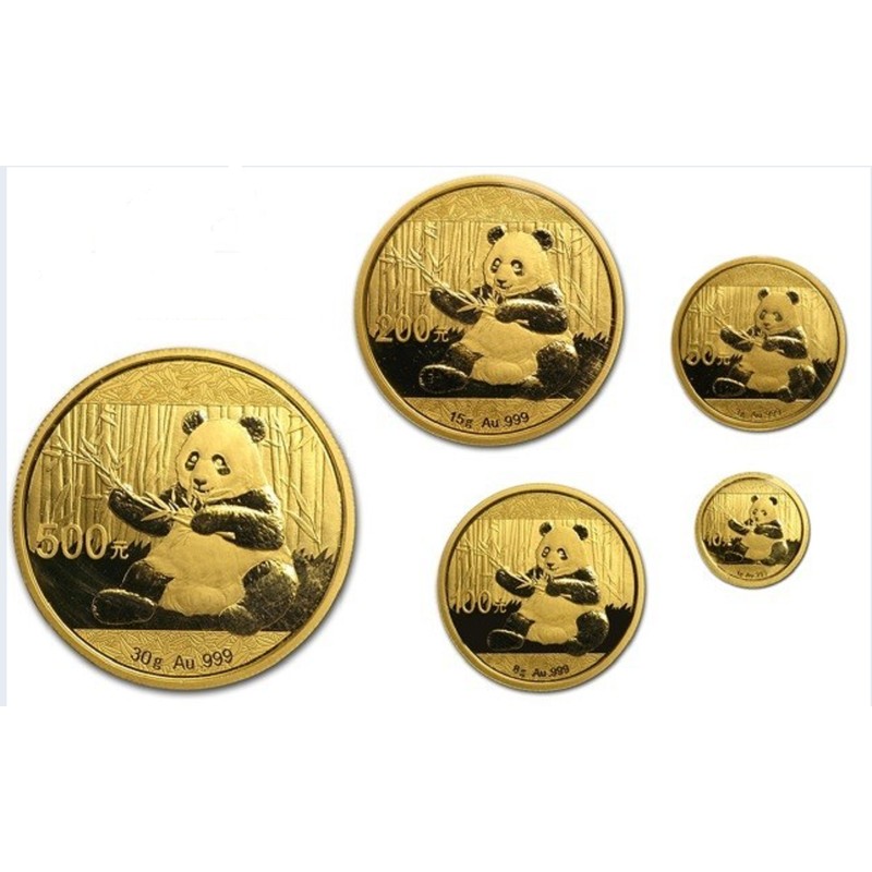 Набор из 5-ти золотых монета Китая "Панда" 2017 г.в., 30 г + 15 г + 8 г + 3 г + 1 г чистого золота (Проба 0,999)