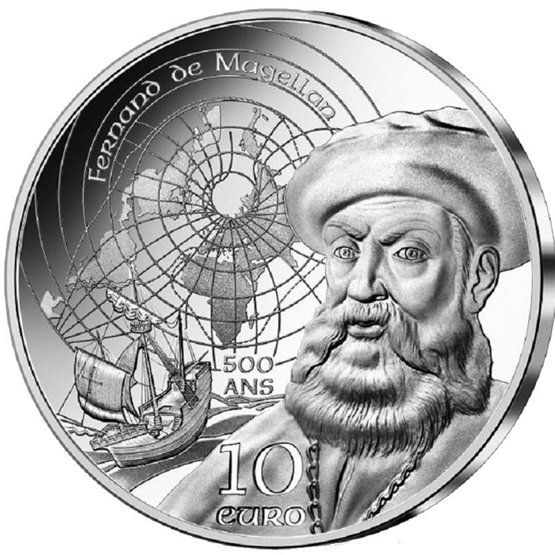 Серебряная монета Франции "Эпоха Магеллана" 2021 г.в., 22.2 г чистого серебра (Проба 0,999)