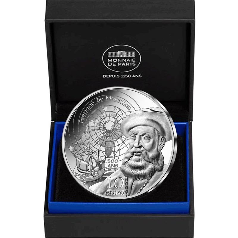 Серебряная монета Франции "Эпоха Магеллана" 2021 г.в., 22.2 г чистого серебра (Проба 0,999)