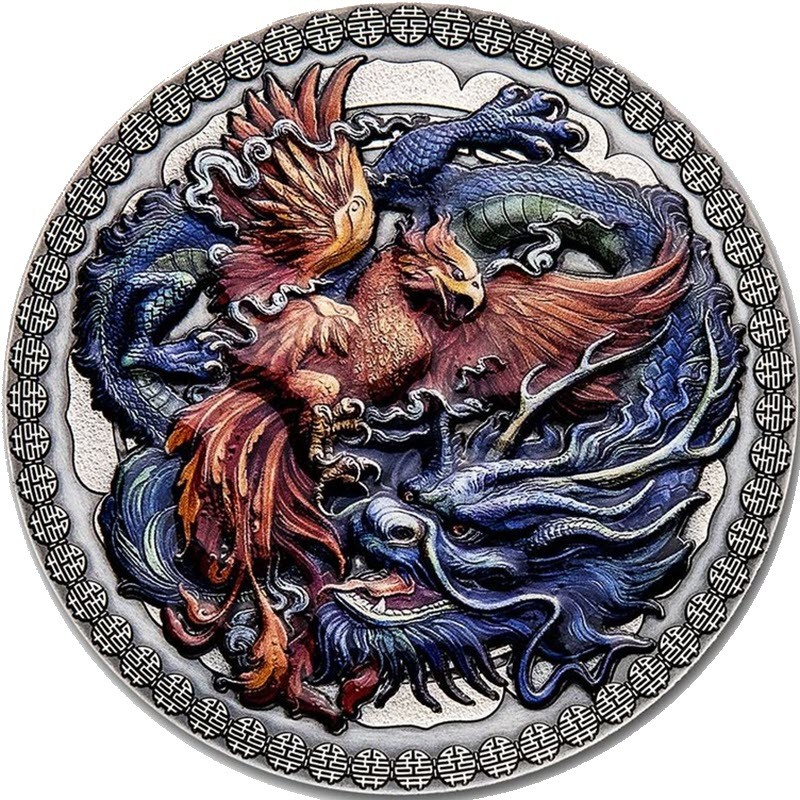 Серебряная монета Ганы "Дракон и Феникс" 2021 г.в., 50 г чистого серебра (Проба 0,999)