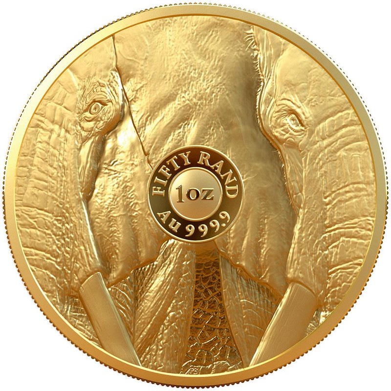 Золотая монета ЮАР "Большая пятерка: Слон" 2021 г.в. (2-я серия), 31.1 г чистого золота (Проба 0,9999)