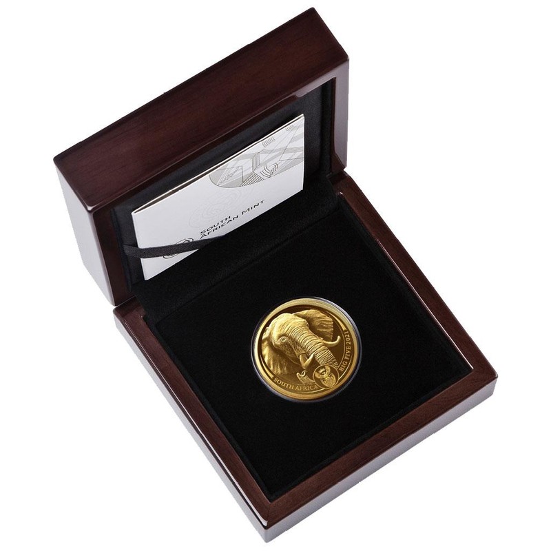 Золотая монета ЮАР "Большая пятерка: Слон" 2021 г.в. (2-я серия), 31.1 г чистого золота (Проба 0,9999)