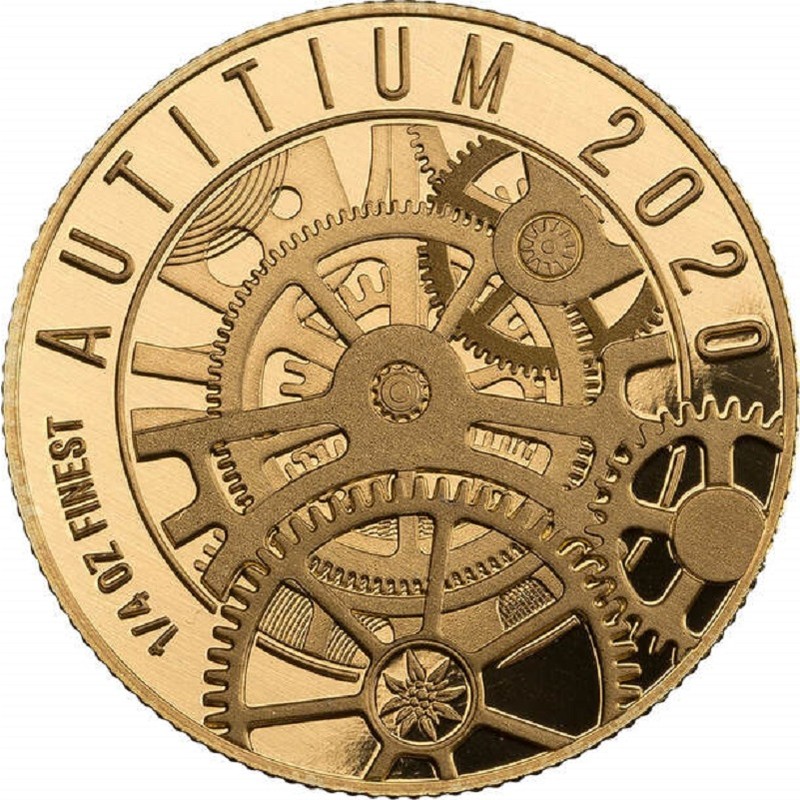 Золотая монета с титаном Соломоновых островов "AUTITIUM" 2020 г.в., 7.78 г чистого золота и титана (Проба 0,990)