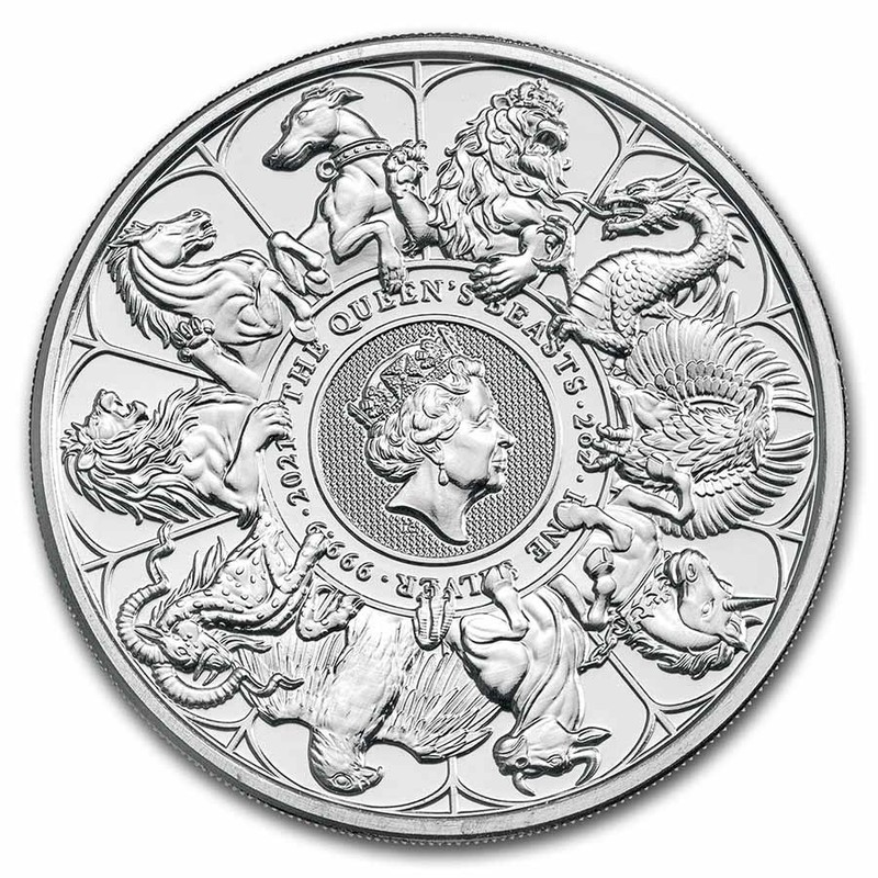 Серебряная монета Великобритании «Десять Зверей Королевы» 2021 г.в., 62.2 г чистого серебра (проба 0.9999)